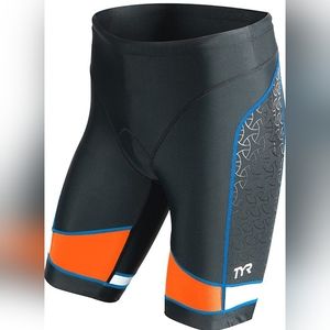 tyr mens 9" competitor triangle shorts. Black, orange & blue. Small. NWT